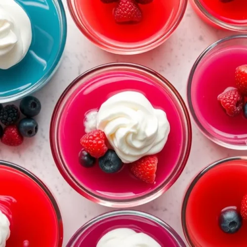 Colorful sugar-free gelatin desserts in clear glass bowls arranged overhead, topped with fresh berries and whipped cream, vib