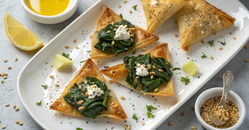 Golden crispy Mediterranean spinach and feta cheese crisps arranged on a white plate, phyllo edges curled and caramelized, sc