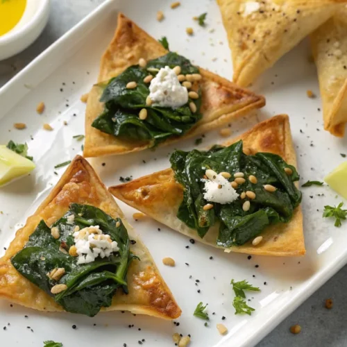 Golden crispy Mediterranean spinach and feta cheese crisps arranged on a white plate, phyllo edges curled and caramelized, sc