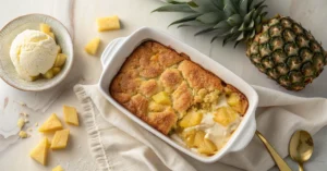 Overhead flat lay of baked pineapple cream cheese cobbler in a white ceramic dish, golden-brown topping with cream cheese fil