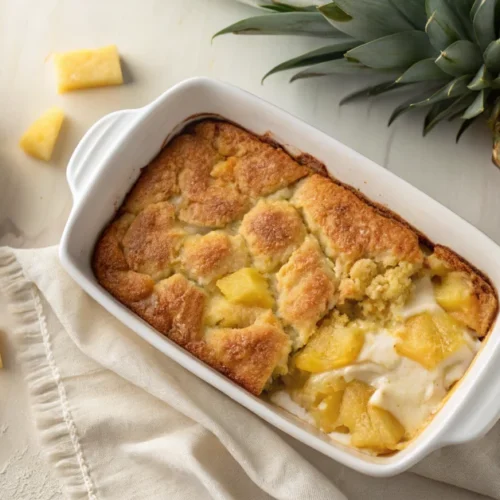 Overhead flat lay of baked pineapple cream cheese cobbler in a white ceramic dish, golden-brown topping with cream cheese fil
