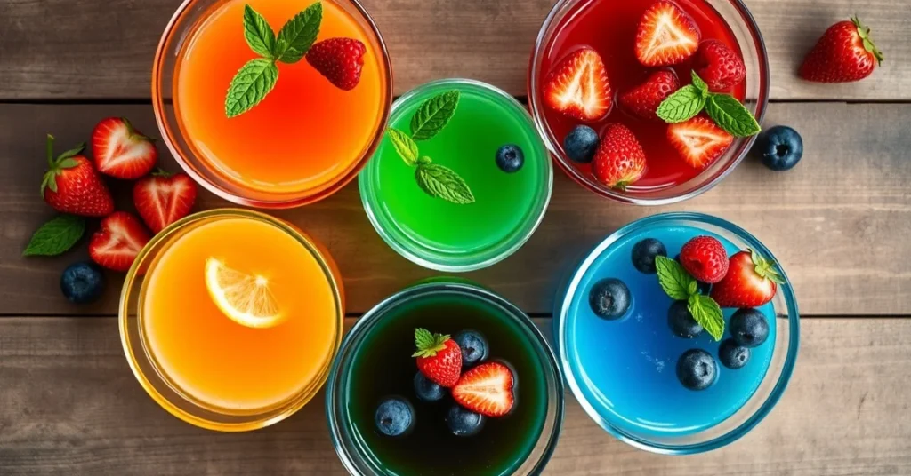 Overhead flat lay of colorful Dr Jennifer Ashton gelatin trick in glass bowls, garnished with fresh berries and mint, warm ki