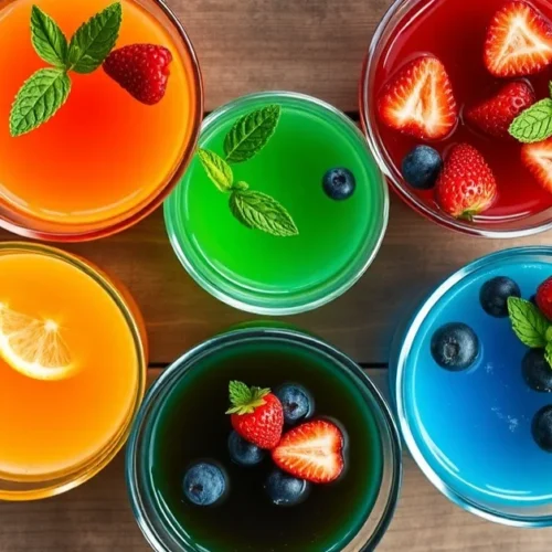 Overhead flat lay of colorful Dr Jennifer Ashton gelatin trick in glass bowls, garnished with fresh berries and mint, warm ki