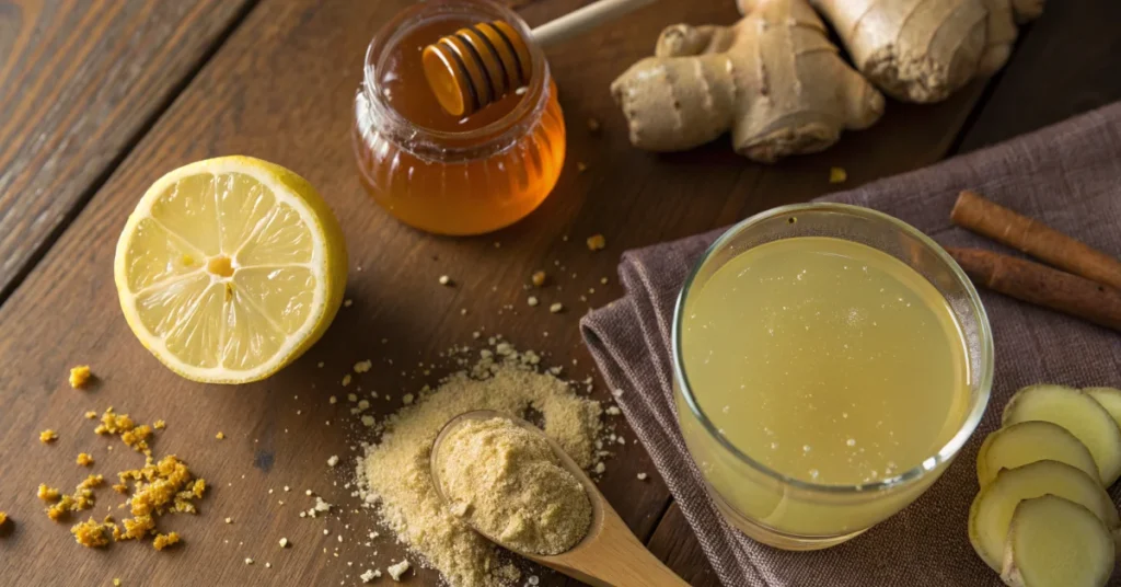 Overhead flat lay of Dr Gupta gelatin weight loss drink in glass with lemon slice, fresh ginger, honey jar, and gelatin powde
