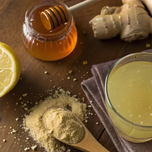 Overhead flat lay of Dr Gupta gelatin weight loss drink in glass with lemon slice, fresh ginger, honey jar, and gelatin powde