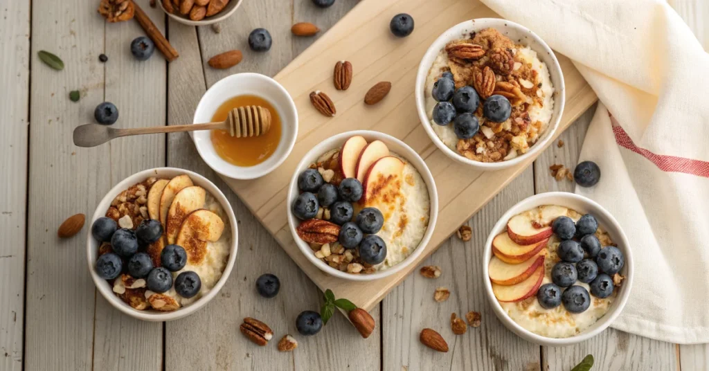 Overhead flat lay of four baked apple cinnamon cottage cheese breakfast bowls in ceramic dishes, garnished with granola, toas