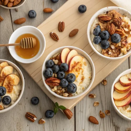 Overhead flat lay of four baked apple cinnamon cottage cheese breakfast bowls in ceramic dishes, garnished with granola, toas