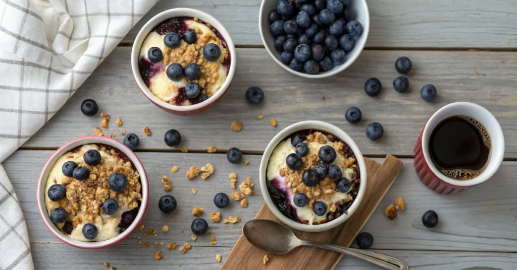Overhead flat lay of four baked blueberry cottage cheese breakfast bowls in ceramic ramekins arranged on a rustic wooden tabl