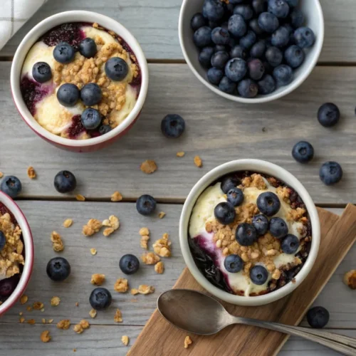 Overhead flat lay of four baked blueberry cottage cheese breakfast bowls in ceramic ramekins arranged on a rustic wooden tabl