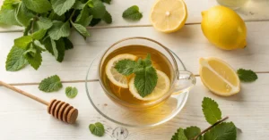 Overhead flat lay of fresh lemon balm tea in a clear glass cup with honey drizzle, lemon slices, and scattered green lemon ba