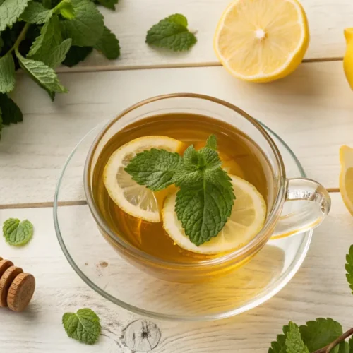 Overhead flat lay of fresh lemon balm tea in a clear glass cup with honey drizzle, lemon slices, and scattered green lemon ba