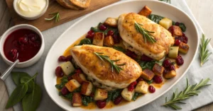 Overhead flat lay of golden-brown cranberry spinach stuffed chicken breasts with melted brie oozing out, plated with roasted