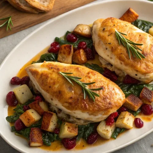 Overhead flat lay of golden-brown cranberry spinach stuffed chicken breasts with melted brie oozing out, plated with roasted