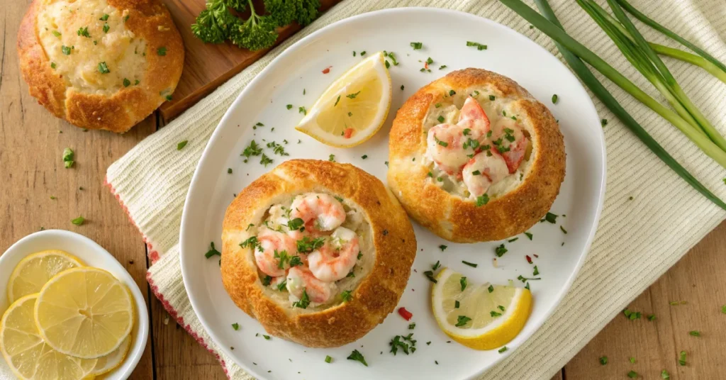 Overhead flat lay of golden crispy garlic bread bombs filled with creamy crab and shrimp mixture, garnished with fresh parsle