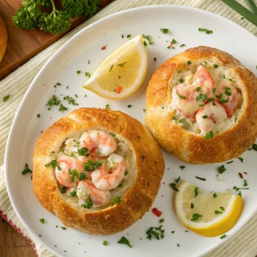 Overhead flat lay of golden crispy garlic bread bombs filled with creamy crab and shrimp mixture, garnished with fresh parsle