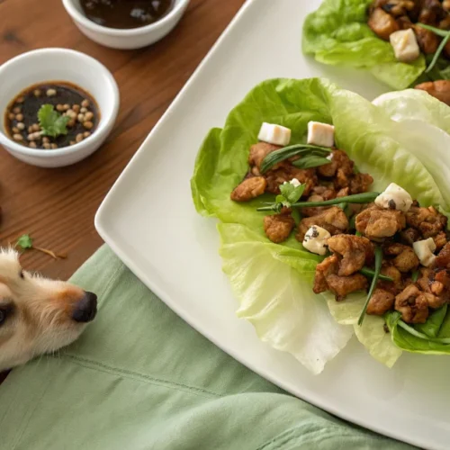 Overhead flat lay of lazy dog chicken lettuce wraps on white plate, fresh butter lettuce cups filled with golden ground chick