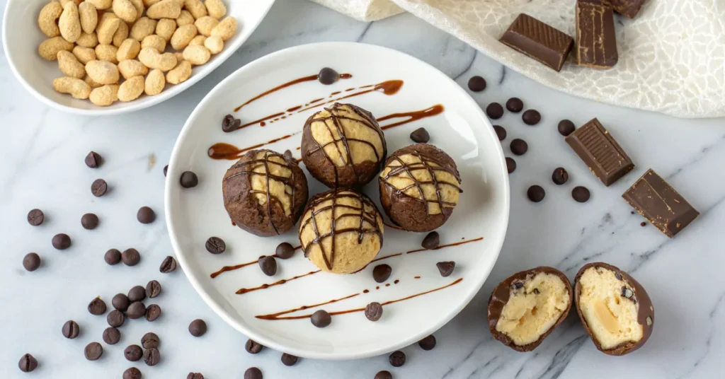 Overhead flat lay of no bake peanut butter cheesecake balls arranged on white plate with chocolate drizzle, some cut in half