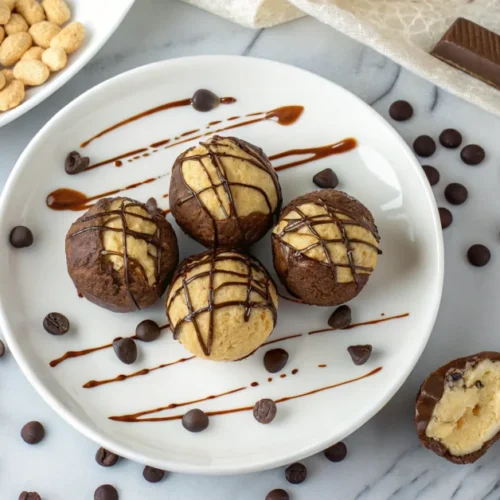 Overhead flat lay of no bake peanut butter cheesecake balls arranged on white plate with chocolate drizzle, some cut in half