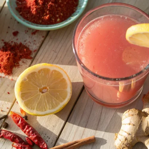 Overhead flat lay of pink salt weight loss detox drink in clear glass with lemon slices, fresh ginger, and cayenne pepper sca