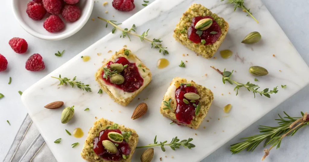 Overhead flat lay of pistachio crusted brie bites on white marble platter, drizzled with raspberry honey glaze, garnished wit