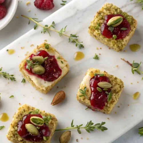 Overhead flat lay of pistachio crusted brie bites on white marble platter, drizzled with raspberry honey glaze, garnished wit