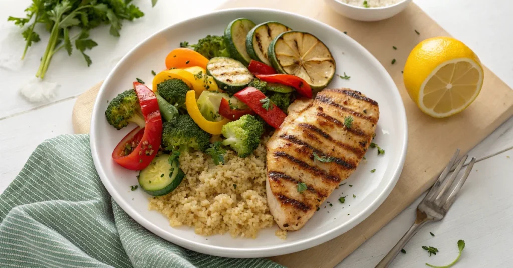 Overhead flat lay of plated Dr Phil diabetes recipe: grilled chicken breast, roasted vegetables broccoli bell peppers zucchin