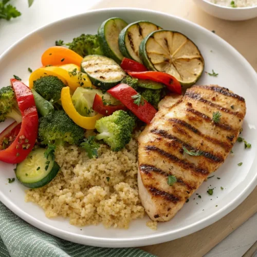 Overhead flat lay of plated Dr Phil diabetes recipe: grilled chicken breast, roasted vegetables broccoli bell peppers zucchin