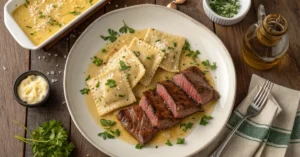 Overhead flat lay of plated steak cuts and cheese ravioli in garlic butter sauce, garnished with fresh parsley and Parmesan c