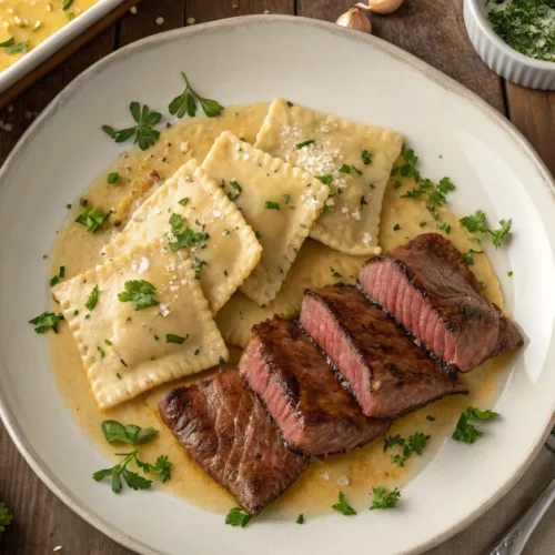 Overhead flat lay of plated steak cuts and cheese ravioli in garlic butter sauce, garnished with fresh parsley and Parmesan c