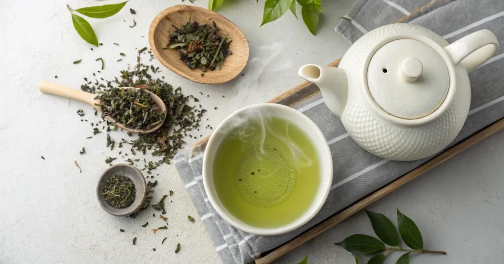 Overhead flat lay of steaming bowl of ichiran green tea with fresh tea leaves scattered nearby, white ceramic cup, traditiona