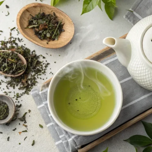 Overhead flat lay of steaming bowl of ichiran green tea with fresh tea leaves scattered nearby, white ceramic cup, traditiona