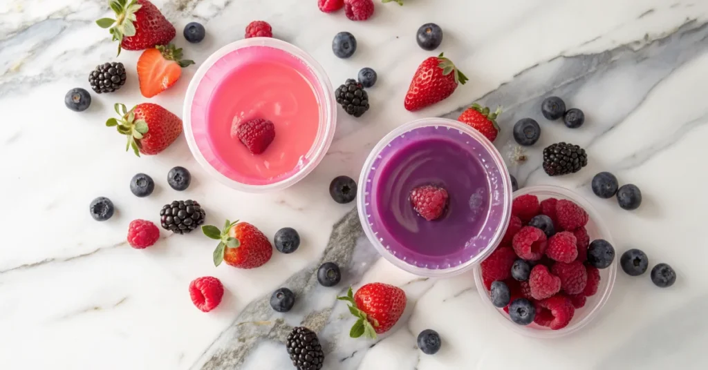 Overhead flat lay of three colorful gelatin cups on marble surface with fresh berries scattered around, professional food pho