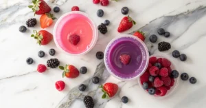 Overhead flat lay of three colorful gelatin cups on marble surface with fresh berries scattered around, professional food pho
