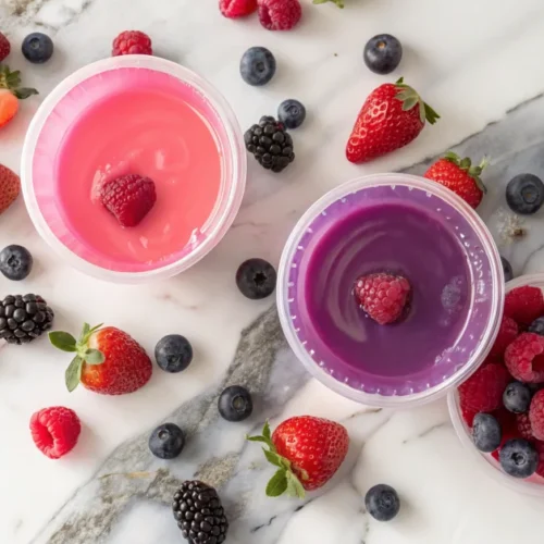 Overhead flat lay of three colorful gelatin cups on marble surface with fresh berries scattered around, professional food pho