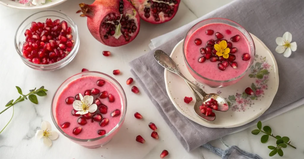 Overhead flat lay of vibrant pink gelatin desserts in clear glass cups garnished with pomegranate seeds and hibiscus flowers,