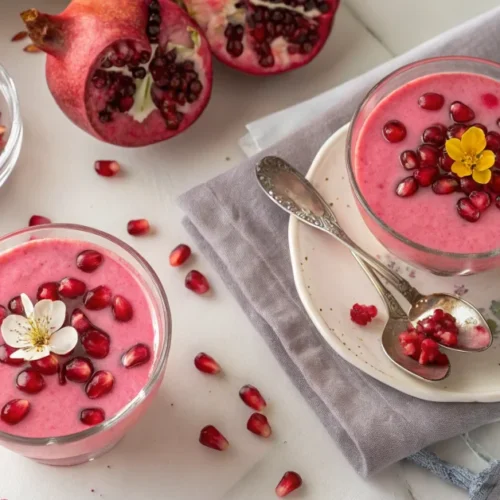 Overhead flat lay of vibrant pink gelatin desserts in clear glass cups garnished with pomegranate seeds and hibiscus flowers,