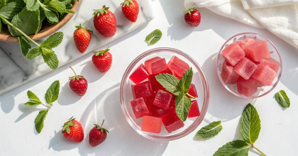 Overhead flat lay of vibrant pink sugar-free gelatin cubes in clear glass bowl with fresh strawberries and mint leaves, brigh