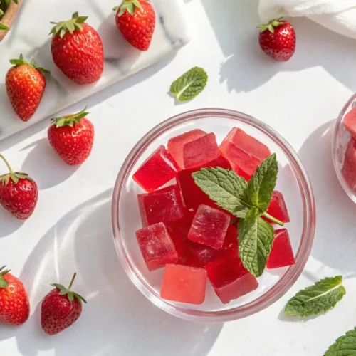 Overhead flat lay of vibrant pink sugar-free gelatin cubes in clear glass bowl with fresh strawberries and mint leaves, brigh