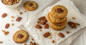 Overhead flat lay of warm bakery style pecan pie oatmeal cookies stacked and scattered on white parchment paper, golden edges