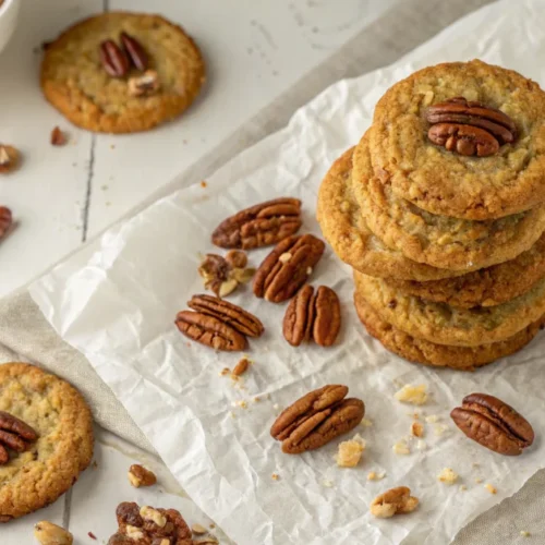 Overhead flat lay of warm bakery style pecan pie oatmeal cookies stacked and scattered on white parchment paper, golden edges