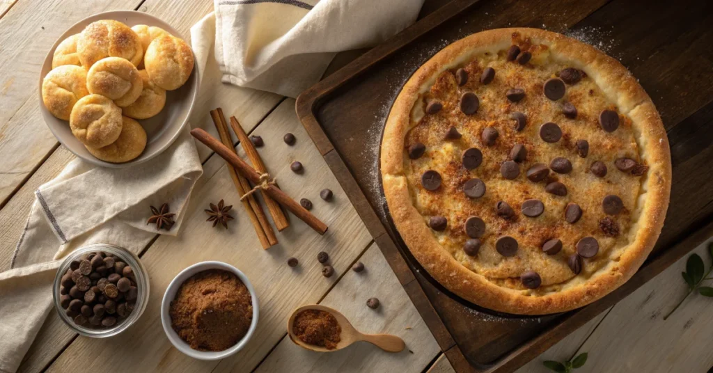 Overhead flat lay of warm cinnamon sugar pizza with crescent rolls on a wooden table, golden crust with melted chocolate chip