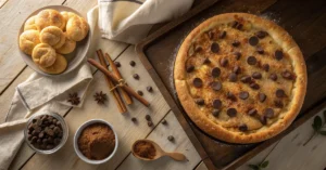 Overhead flat lay of warm cinnamon sugar pizza with crescent rolls on a wooden table, golden crust with melted chocolate chip