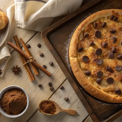 Overhead flat lay of warm cinnamon sugar pizza with crescent rolls on a wooden table, golden crust with melted chocolate chip