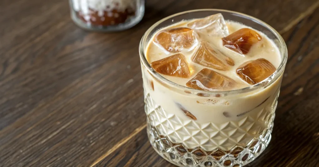 Overhead landscape shot of a Salted Caramel Butterscotch White Russian cocktail in a crystal rocks glass with ice, creamy lay