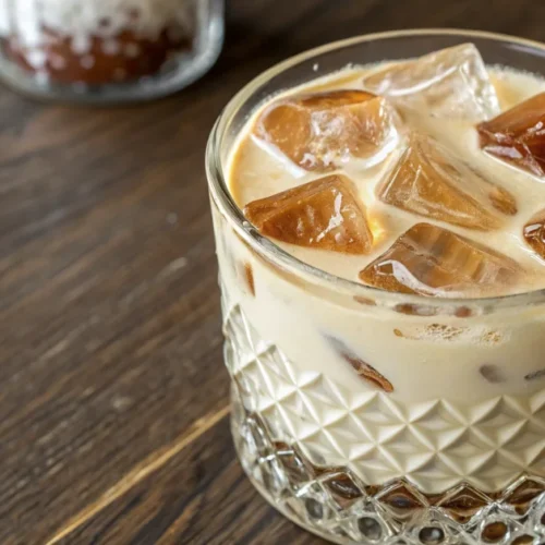 Overhead landscape shot of a Salted Caramel Butterscotch White Russian cocktail in a crystal rocks glass with ice, creamy lay