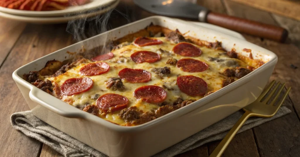 Overhead shot of a deep hamburger sausage pepperoni bake in a 9x13 baking dish, golden melted cheese on top, pepperoni visibl