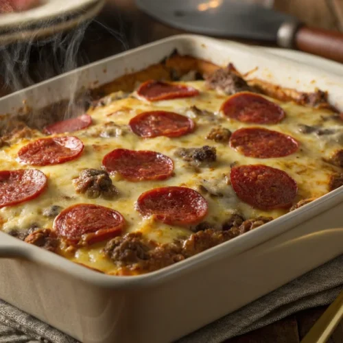 Overhead shot of a deep hamburger sausage pepperoni bake in a 9x13 baking dish, golden melted cheese on top, pepperoni visibl