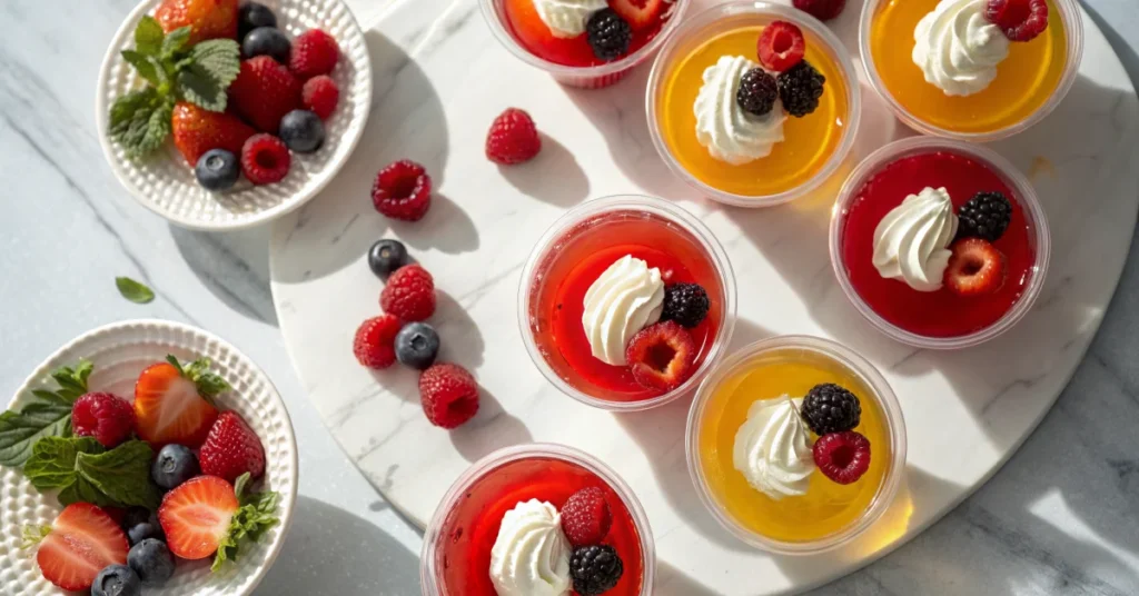 Overhead shot of colorful sugar-free jello cups in bright red, orange, and yellow, layered with fresh berries and whipped cre