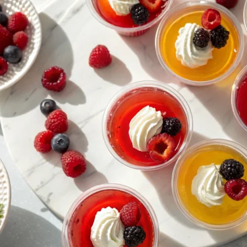 Overhead shot of colorful sugar-free jello cups in bright red, orange, and yellow, layered with fresh berries and whipped cre