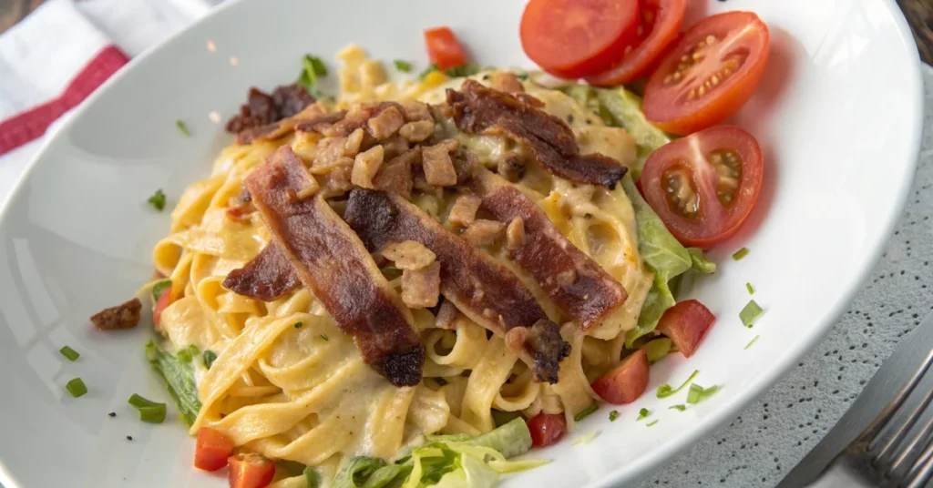 Overhead shot of creamy loaded bacon cheeseburger Alfredo pasta on white plate with crispy bacon strips, melted cheese, fresh